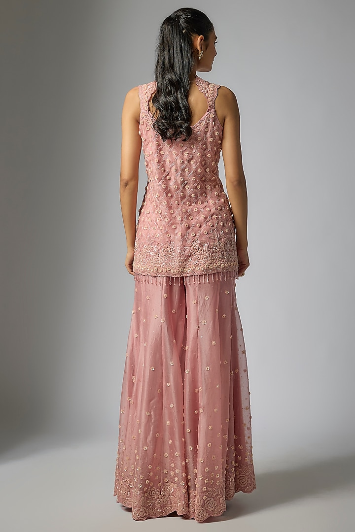 Rose Pink Organza Sequins Work Bridal Sharara Set by Surbhi Shah at Pernia's Pop Up Shop