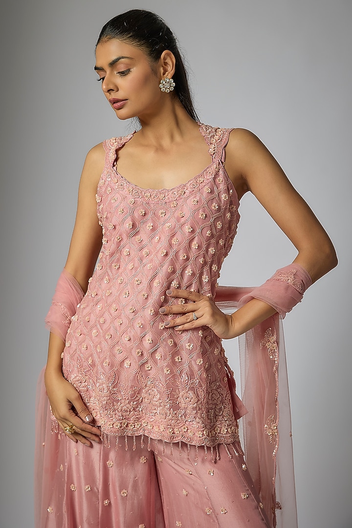 Rose Pink Organza Sequins Work Bridal Sharara Set by Surbhi Shah at Pernia's Pop Up Shop