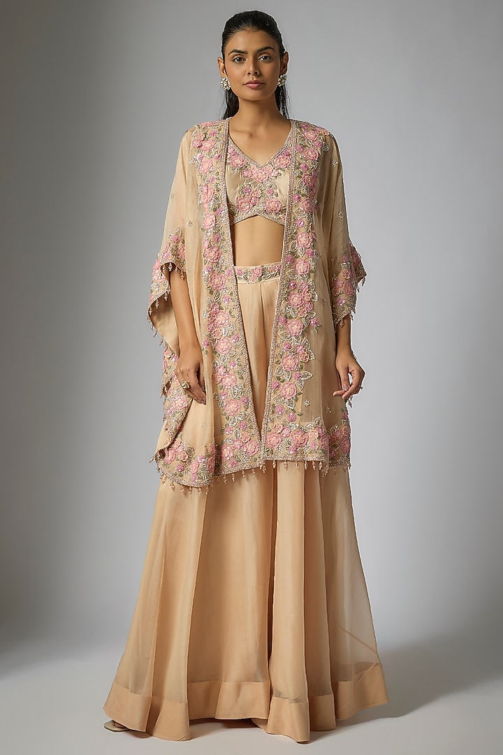 Champagne Spun Silk & Organza Floral Jaal Work Wedding Sharara Set by Surbhi Shah at Pernia's Pop Up Shop