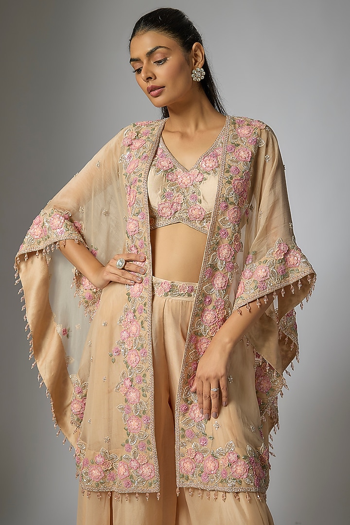 Champagne Spun Silk & Organza Floral Jaal Work Wedding Sharara Set by Surbhi Shah at Pernia's Pop Up Shop