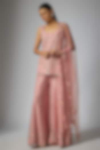Rose Pink Organza Floral Jaal Work Bridal Sharara Set by Surbhi Shah at Pernia's Pop Up Shop