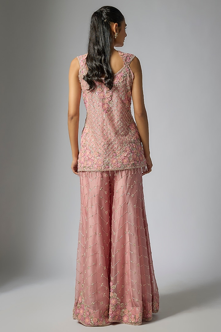 Rose Pink Organza Floral Jaal Work Bridal Sharara Set by Surbhi Shah at Pernia's Pop Up Shop