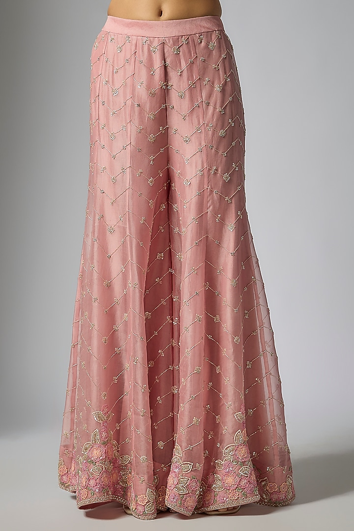 Rose Pink Organza Floral Jaal Work Bridal Sharara Set by Surbhi Shah at Pernia's Pop Up Shop