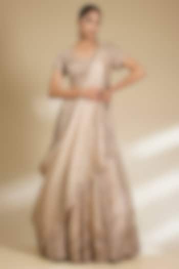 Beige Satin Organza Cutdana Embroidered Lehenga Set by SURBHI SHAH at Pernia's Pop Up Shop
