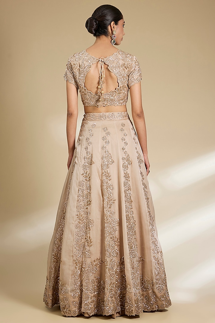 Beige Satin Organza Cutdana Embroidered Lehenga Set by SURBHI SHAH at Pernia's Pop Up Shop