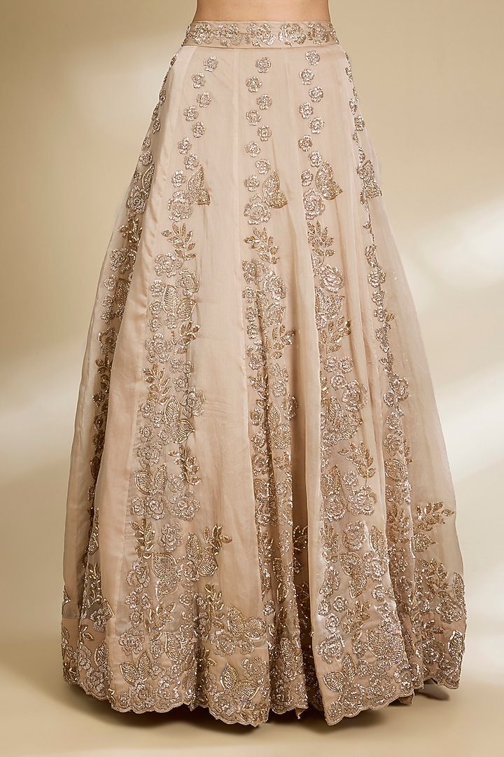 Beige Satin Organza Cutdana Embroidered Lehenga Set by SURBHI SHAH at Pernia's Pop Up Shop