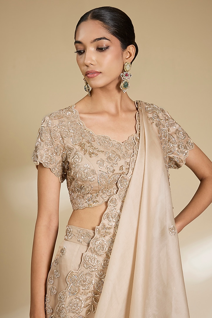 Beige Satin Organza Cutdana Embroidered Lehenga Set by SURBHI SHAH at Pernia's Pop Up Shop