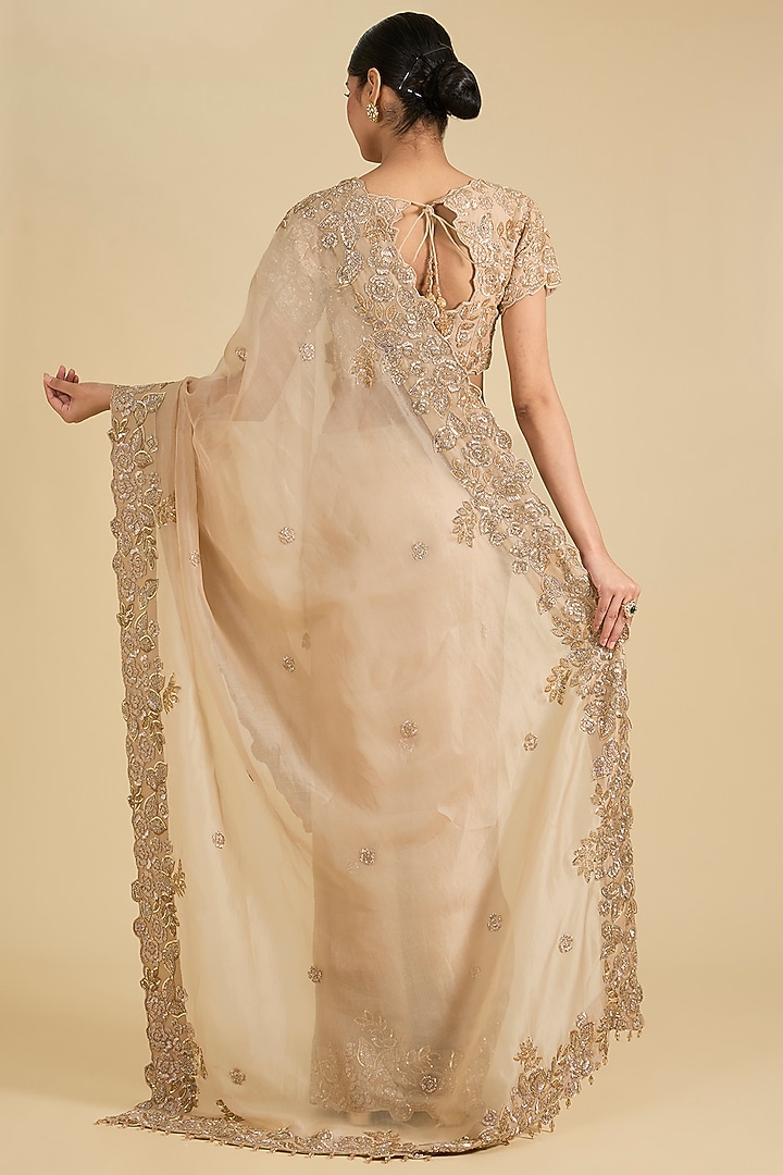 Beige Organza Cutdana Work Reception Saree Set by Surbhi Shah at Pernia's Pop Up Shop