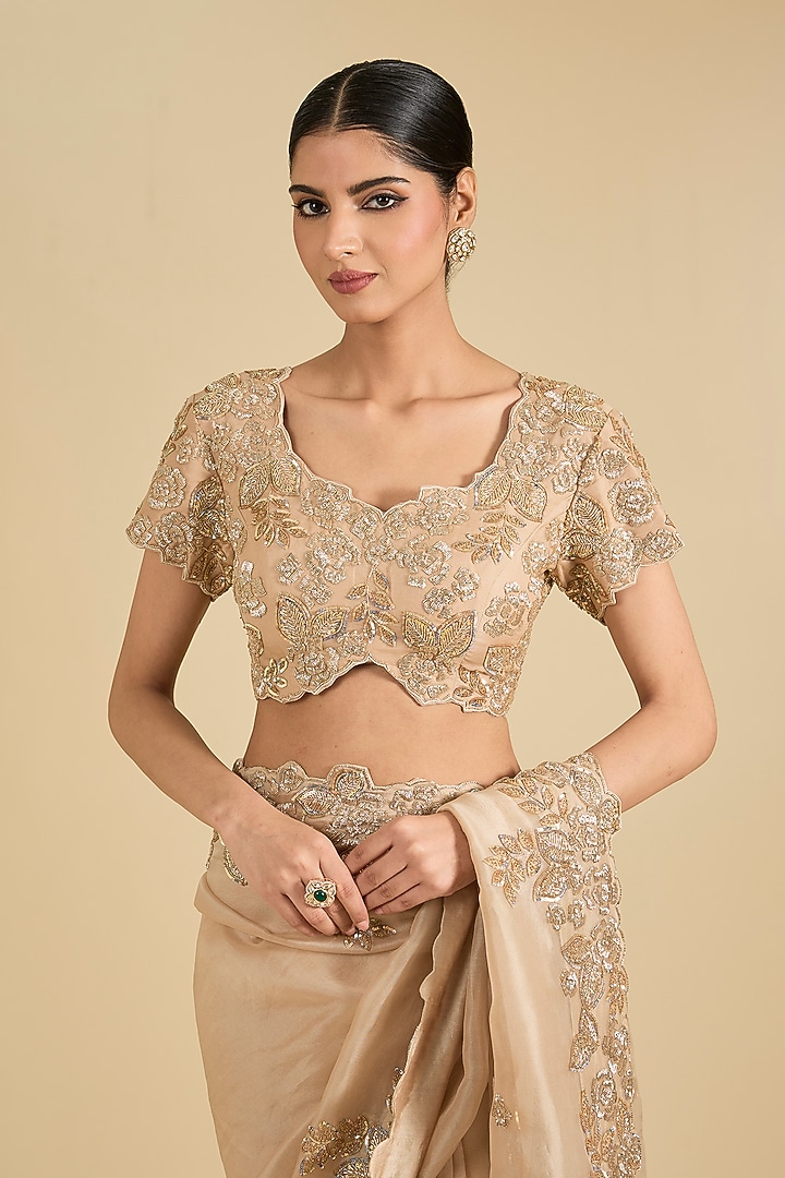 Beige Organza Cutdana Work Reception Saree Set by Surbhi Shah at Pernia's Pop Up Shop
