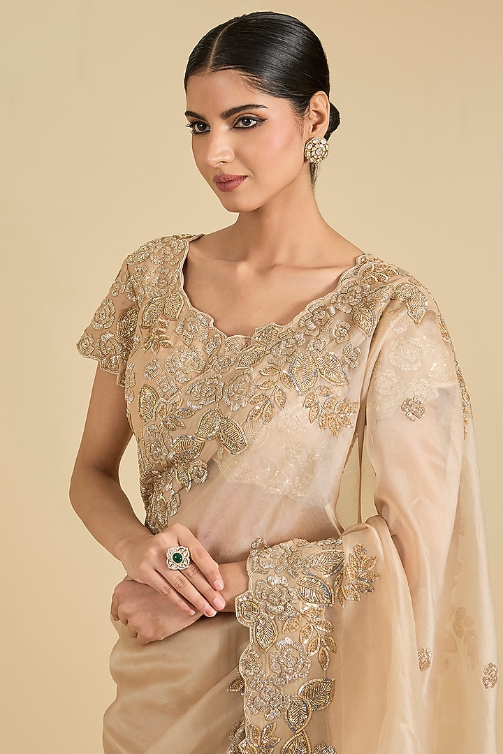 Beige Organza Cutdana Work Reception Saree Set by Surbhi Shah at Pernia's Pop Up Shop