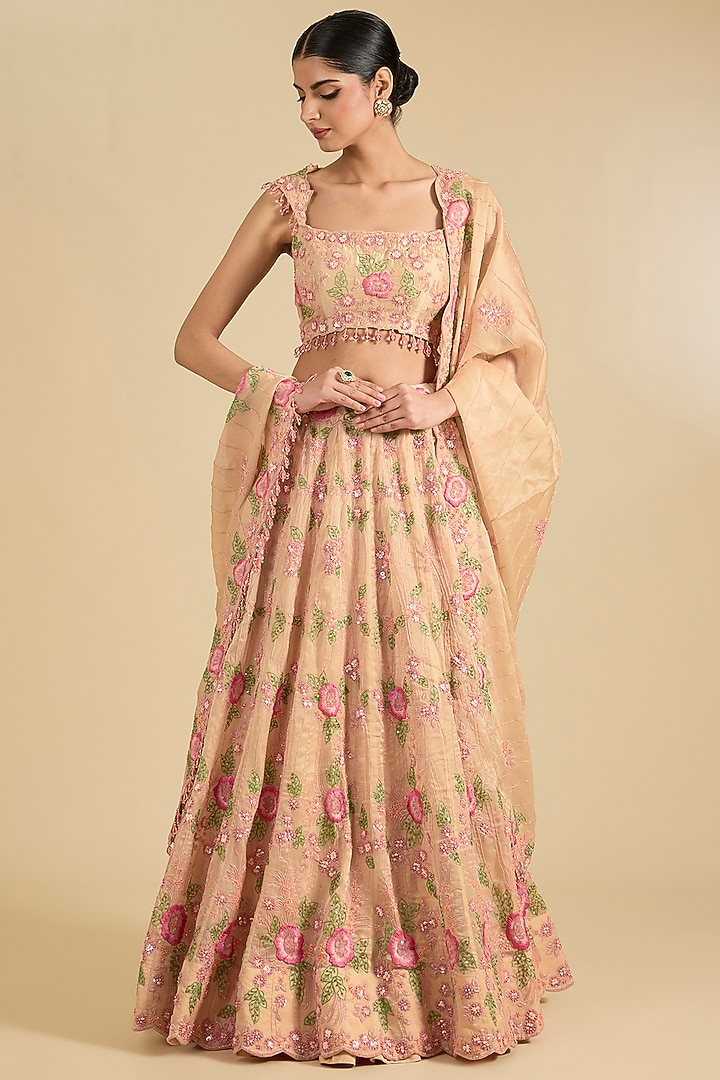 Champagne Organza Cutdana Work Bridal Lehenga Set by Surbhi Shah at Pernia's Pop Up Shop