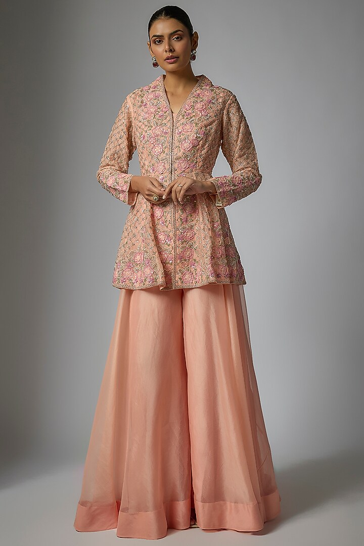 Peach Organza Wedding Sharara Set by SURBHI SHAH at Pernia's Pop Up Shop