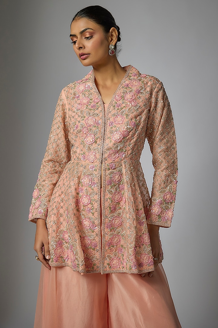 Peach Organza Wedding Sharara Set by SURBHI SHAH at Pernia's Pop Up Shop