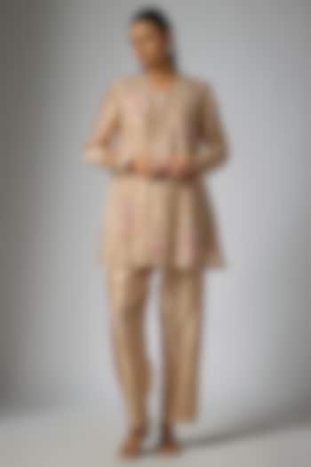 Champagne Kora Silk Floral Jaal Work Tunic Set by Surbhi Shah at Pernia's Pop Up Shop