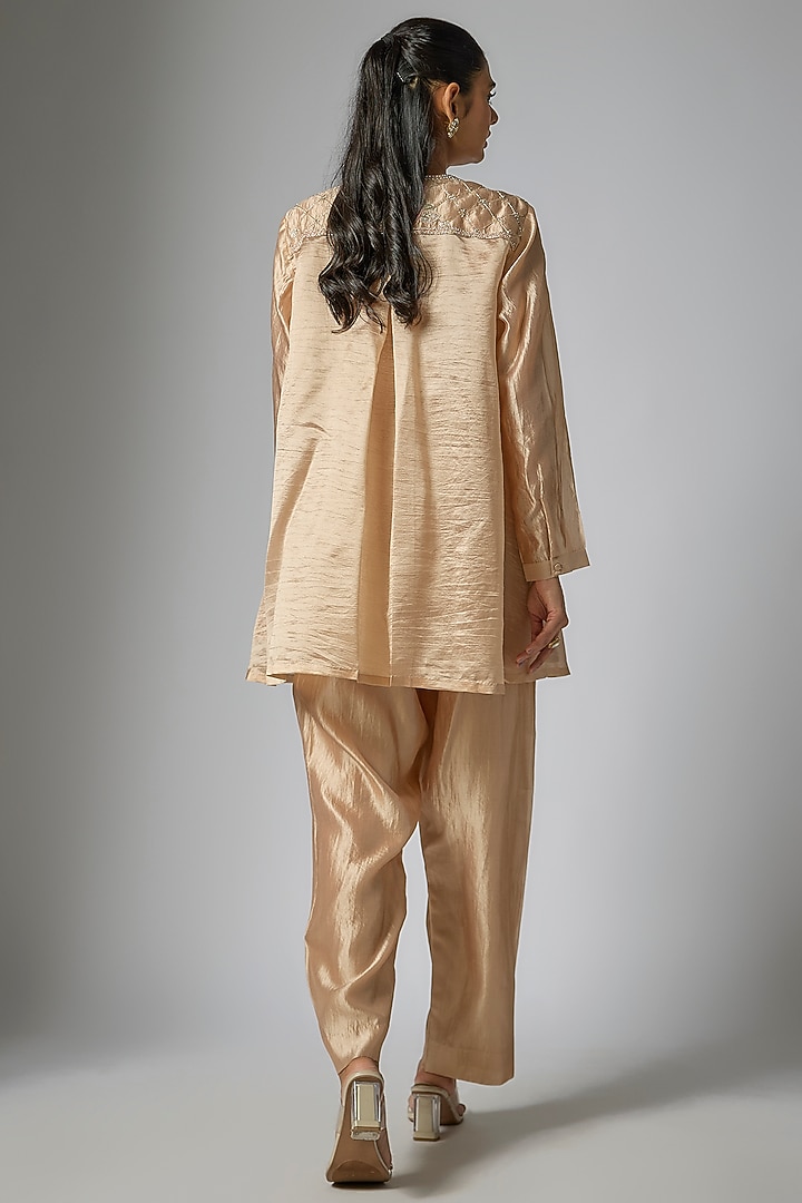 Champagne Kora Silk Floral Jaal Work Tunic Set by Surbhi Shah at Pernia's Pop Up Shop