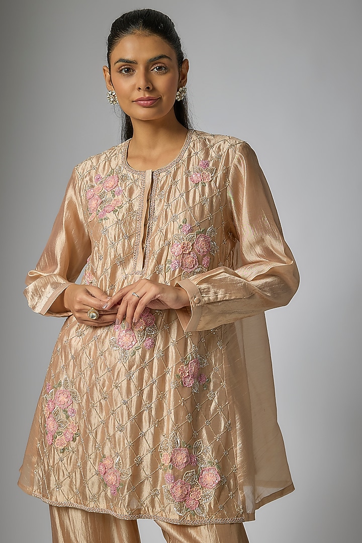 Champagne Kora Silk Floral Jaal Work Tunic Set by Surbhi Shah at Pernia's Pop Up Shop