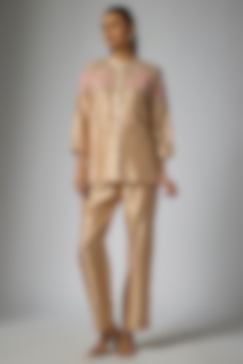 Champagne Kora Silk Floral Jaal Work Pant Set by Surbhi Shah at Pernia's Pop Up Shop