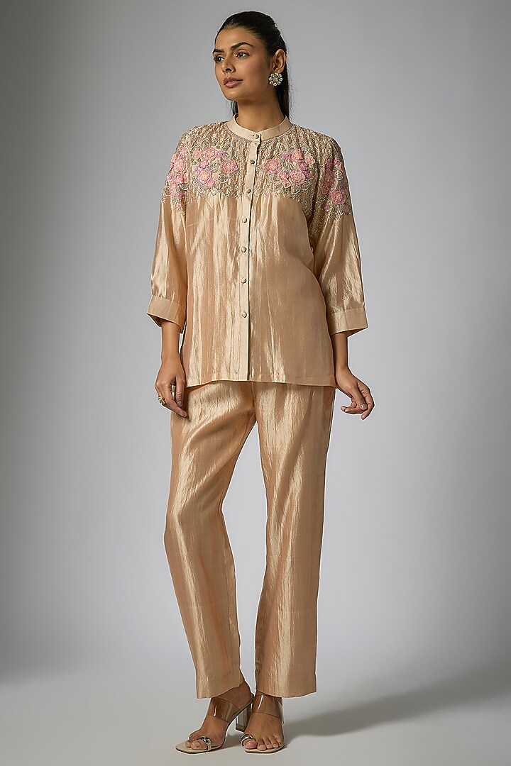 Champagne Kora Silk Floral Jaal Work Pant Set by Surbhi Shah at Pernia's Pop Up Shop