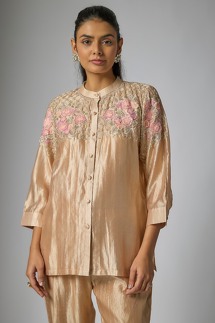 Champagne Kora Silk Floral Jaal Work Pant Set by Surbhi Shah at Pernia's Pop Up Shop