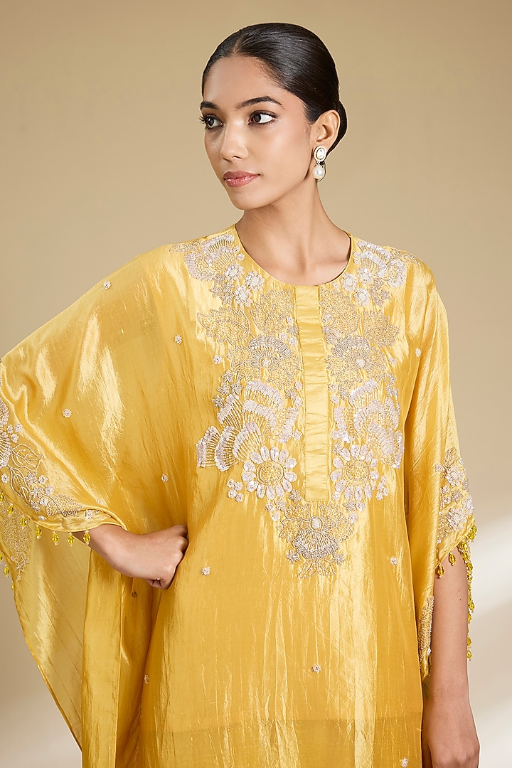 Yellow Kora Silk Sequins Embroidered Kurta Set by SURBHI SHAH at Pernia's Pop Up Shop
