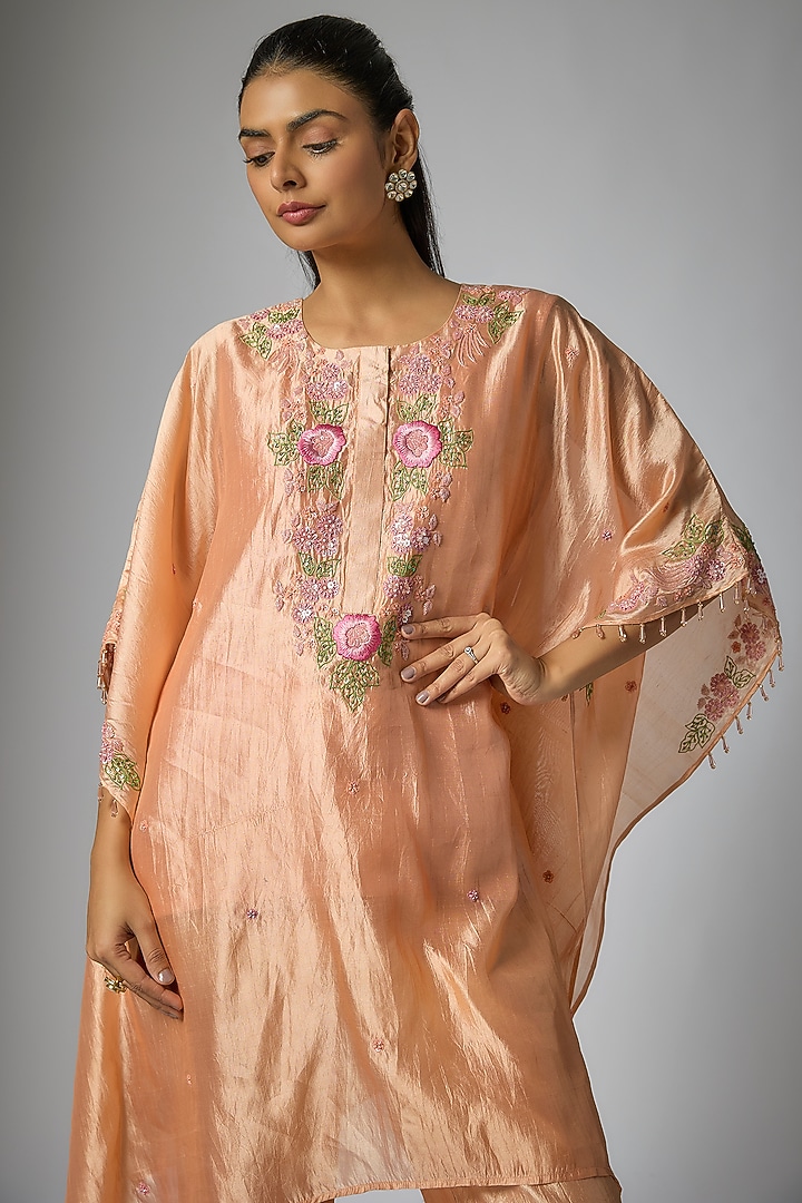 Peach Kora Silk Resham & Sequins Work Kaftan Set by Surbhi Shah at Pernia's Pop Up Shop