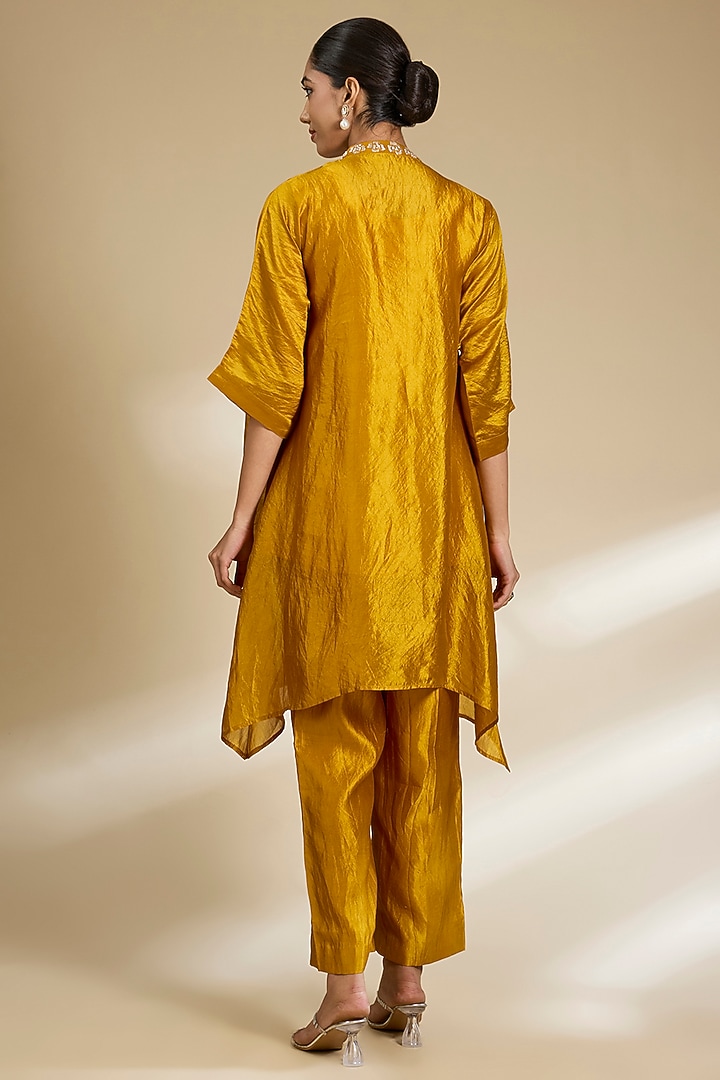 Mustard Yellow Kora Silk Sequins Embroidered Kurta Set by SURBHI SHAH at Pernia's Pop Up Shop