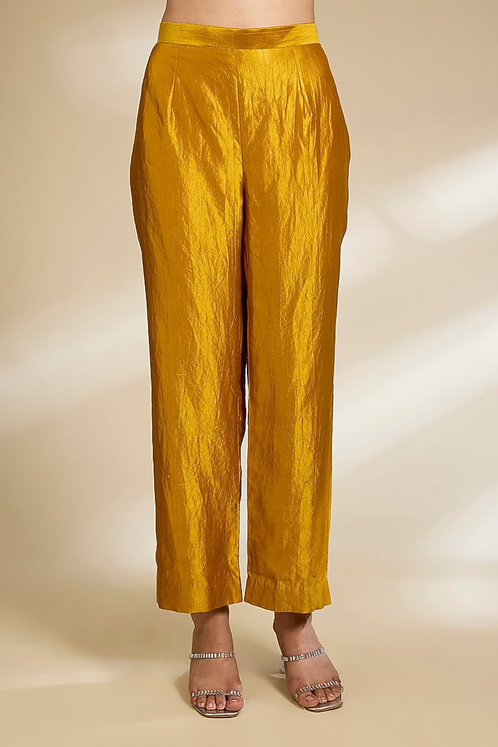 Mustard Yellow Kora Silk Sequins Embroidered Kurta Set by SURBHI SHAH at Pernia's Pop Up Shop