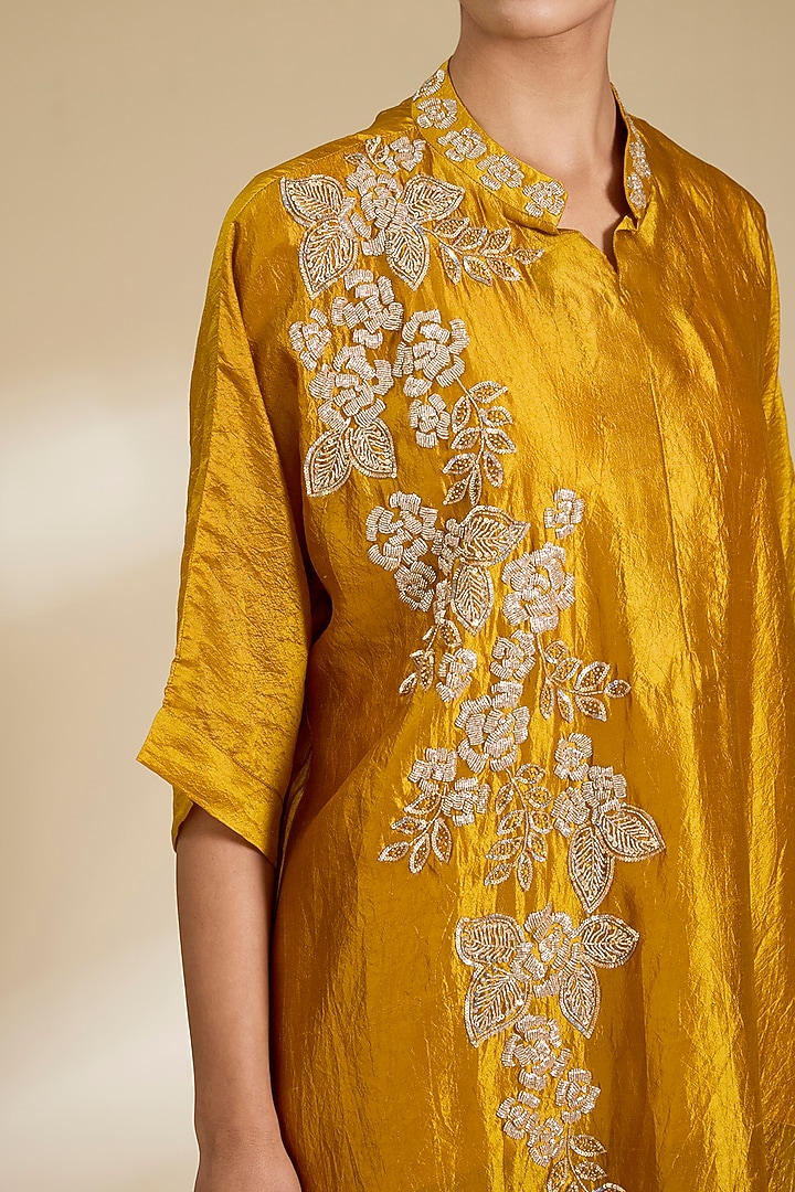 Mustard Yellow Kora Silk Sequins Embroidered Kurta Set by SURBHI SHAH at Pernia's Pop Up Shop