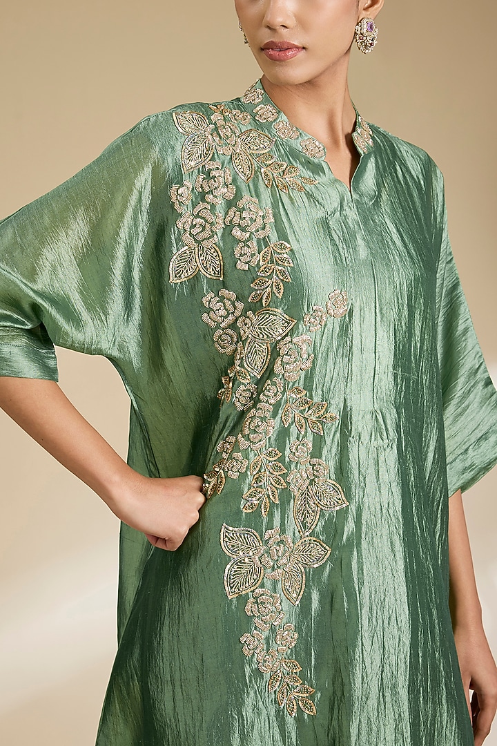 Sage Green Kora Silk Sequins Embroidered Kurta Set by SURBHI SHAH at Pernia's Pop Up Shop