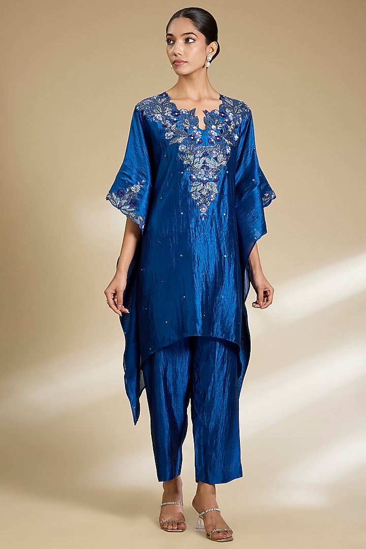 Blue Kora Silk Sequins Embroidered Kurta Set by SURBHI SHAH at Pernia's Pop Up Shop