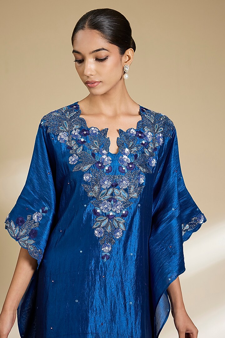 Blue Kora Silk Sequins Embroidered Kurta Set by SURBHI SHAH at Pernia's Pop Up Shop