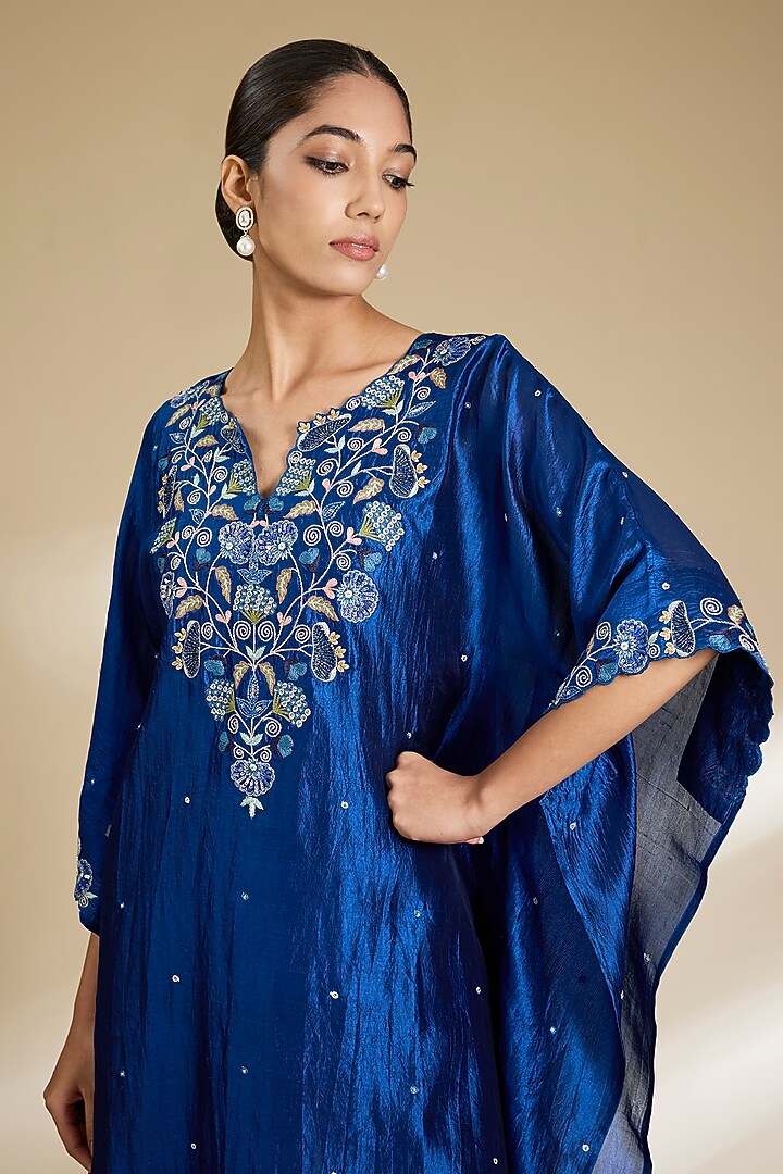 Blue Kora Silk Sequins Embroidered Kurta Set by SURBHI SHAH at Pernia's Pop Up Shop