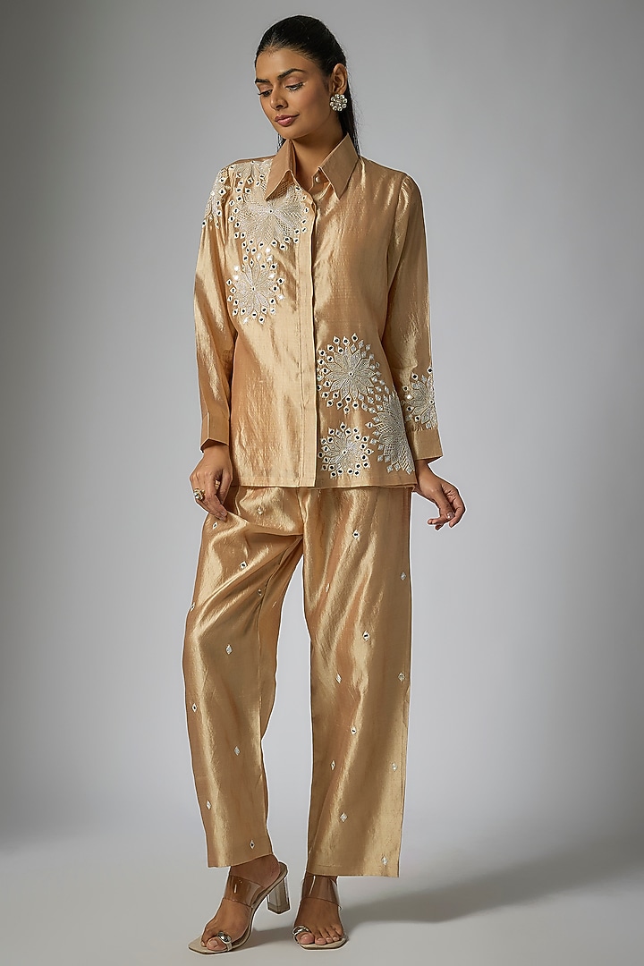 Beige Kora Silk Mirror Work Pant Set by Surbhi Shah at Pernia's Pop Up Shop