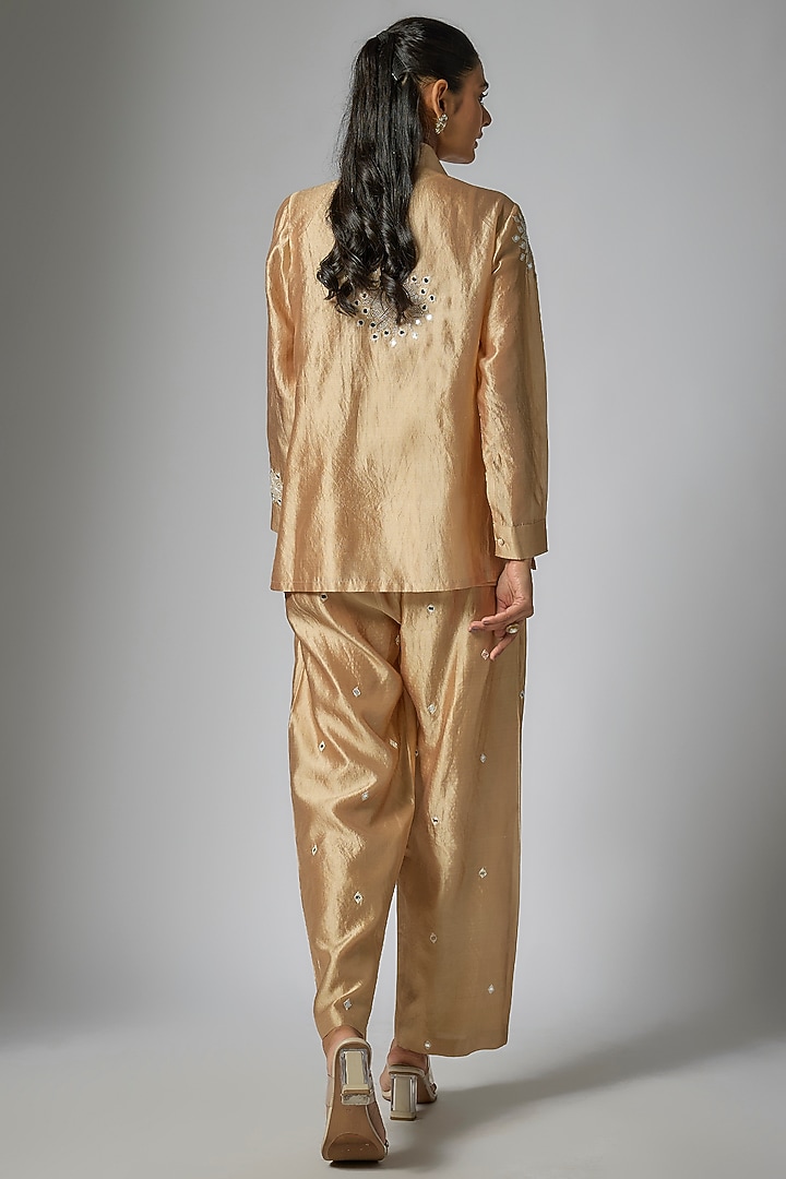 Beige Kora Silk Mirror Work Pant Set by Surbhi Shah at Pernia's Pop Up Shop