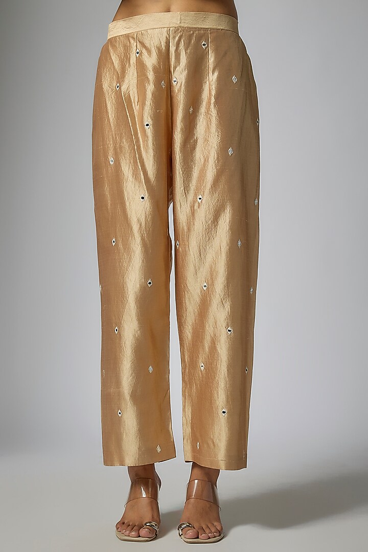 Beige Kora Silk Mirror Work Pant Set by Surbhi Shah at Pernia's Pop Up Shop