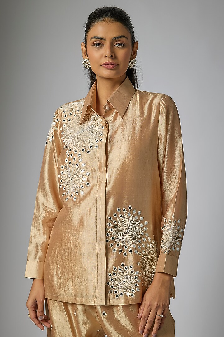 Beige Kora Silk Mirror Work Pant Set by Surbhi Shah at Pernia's Pop Up Shop