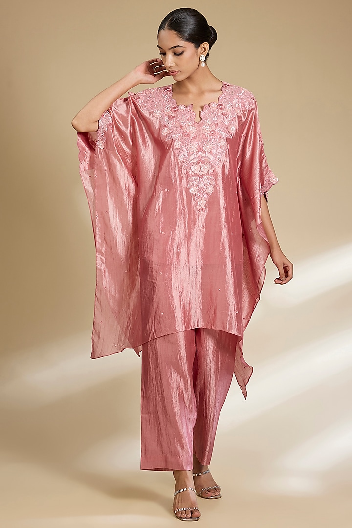 Old Rose Kora Silk Sequins Embroidered Kurta Set by SURBHI SHAH at Pernia's Pop Up Shop