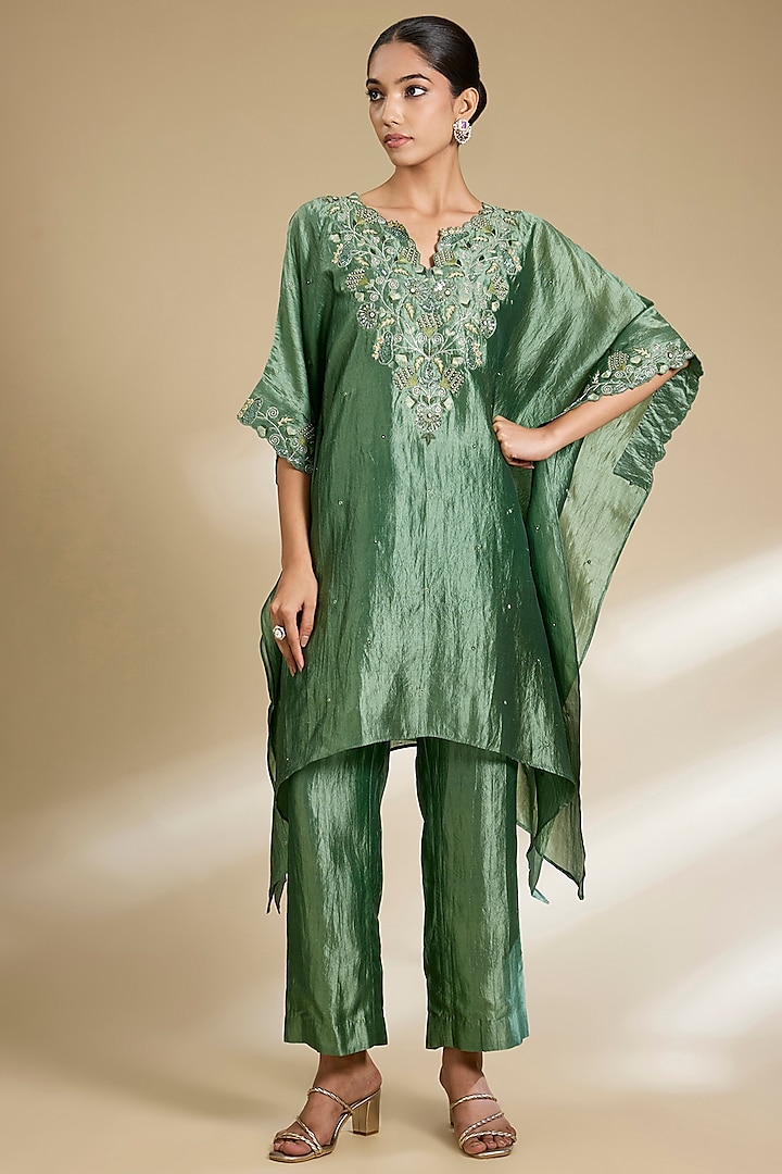 Sage Green Kora Silk Sequins Embroidered Kurta Set by SURBHI SHAH at Pernia's Pop Up Shop