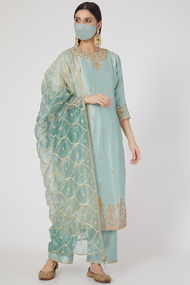 Powder Blue Hand Embroidered Kurta Set by SURBHI SHAH at Pernia's Pop Up Shop