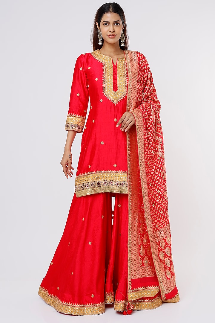 Red Silk Sharara Set by SURBHI SHAH
