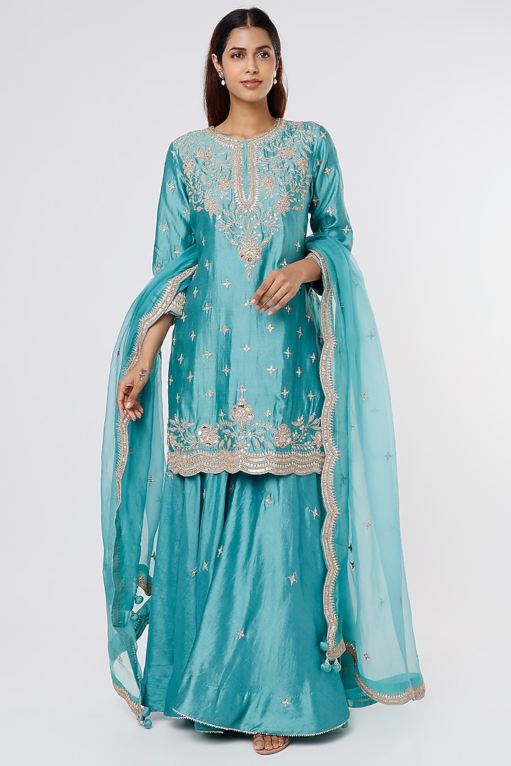 Blue Silk Wedding Sharara Set by SURBHI SHAH at Pernia's Pop Up Shop