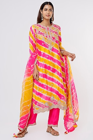 Yellow & Pink Embroidered Kurta Set by SURBHI SHAH