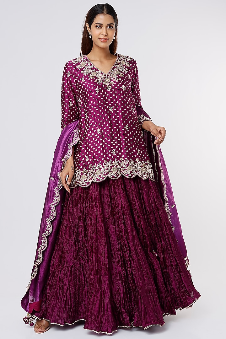 Purple Crushed Silk Skirt Set by SURBHI SHAH