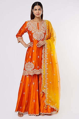 Orange Silk Sharara Set by SURBHI SHAH