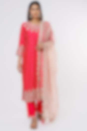 Strawberry Pink Embroidered Kurta Set by SURBHI SHAH at Pernia's Pop Up Shop
