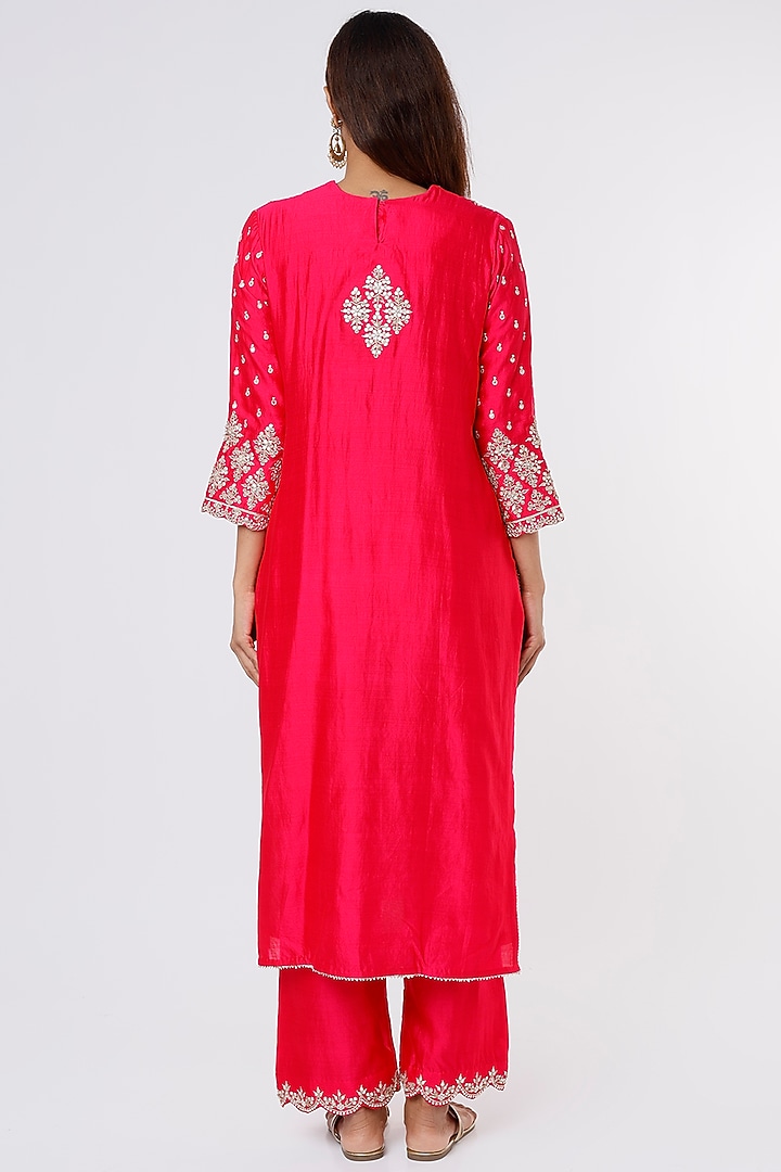 Strawberry Pink Embroidered Kurta Set by SURBHI SHAH at Pernia's Pop Up Shop