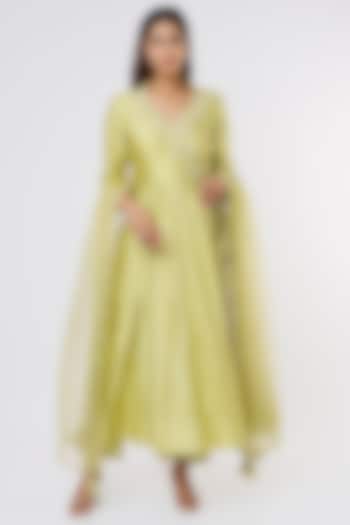 Light Lime Green Embroidered Wedding Anarkali Set by SURBHI SHAH at Pernia's Pop Up Shop