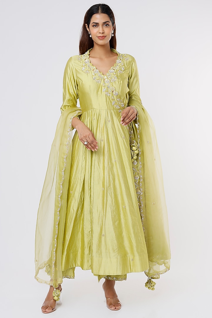 Light Lime Green Embroidered Wedding Anarkali Set by SURBHI SHAH at Pernia's Pop Up Shop