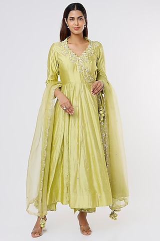 Light Lime Green Embroidered Anarkali Set by SURBHI SHAH