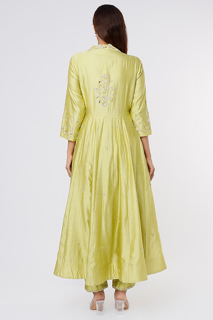 Light Lime Green Embroidered Wedding Anarkali Set by SURBHI SHAH at Pernia's Pop Up Shop